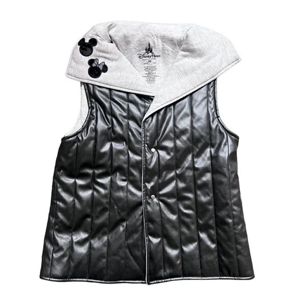 Disney Parks Faux Leather Minnie Embroidered Vest LOVE Sequins Black Grey XS - Picture 1 of 8